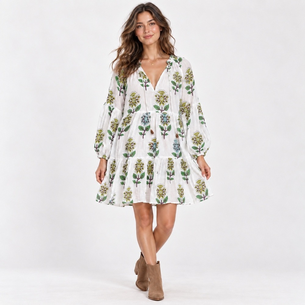 Oliphant Womens M Dress White Green Floral Cotton Tiered Boho Cottagecore Garden